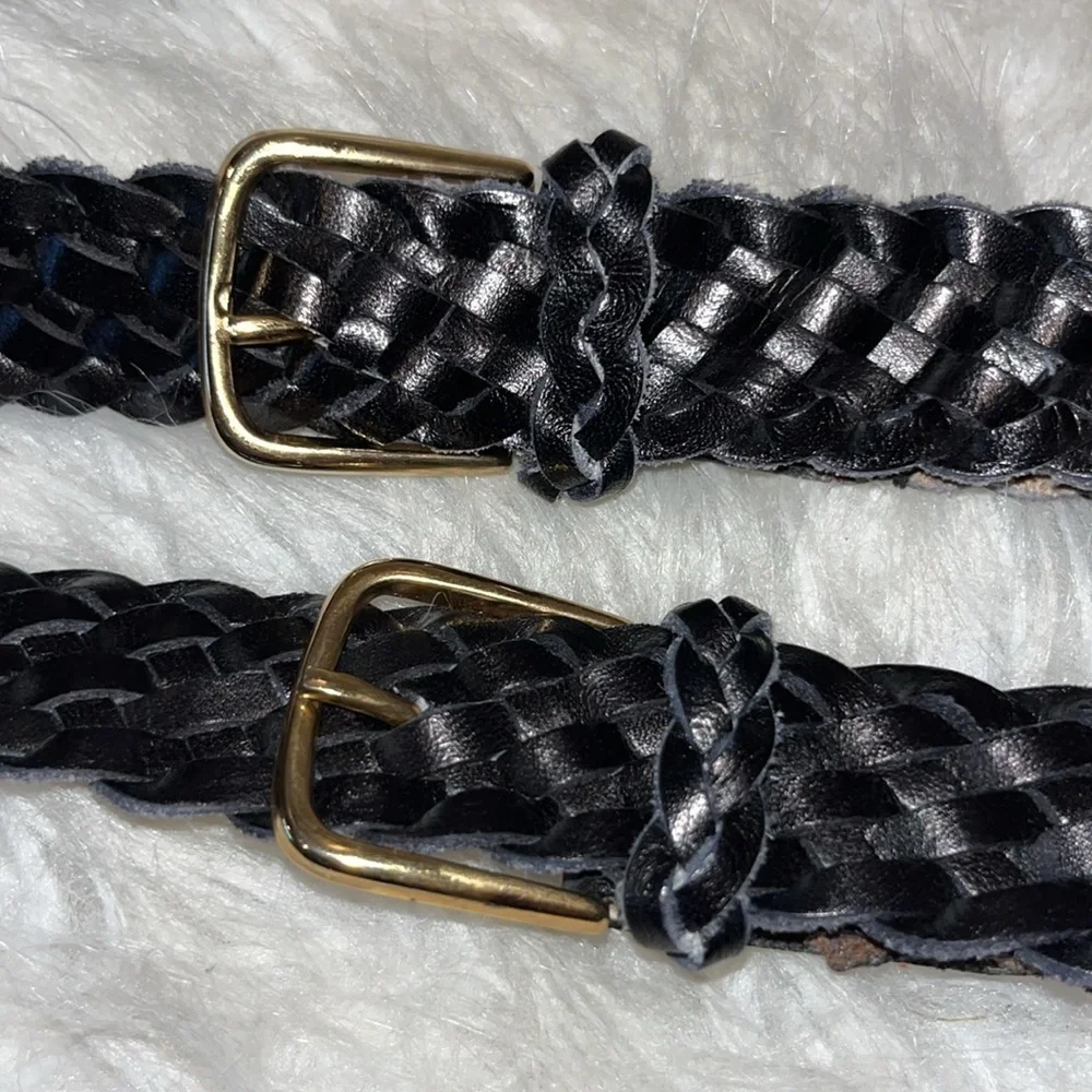 Black braided leather suspenders made in Haiti gold tone hardware